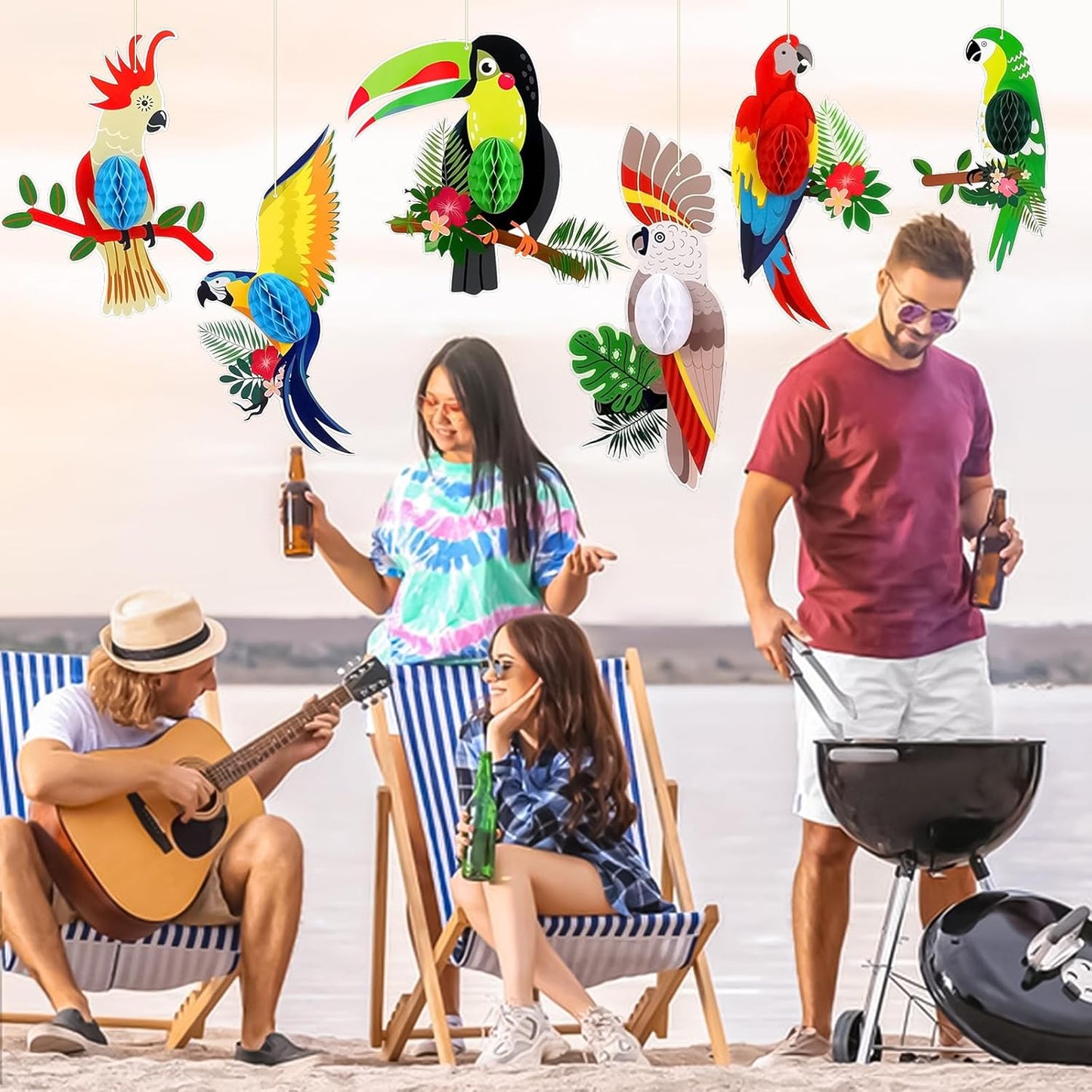 6 Pieces Tropical Birds Honeycomb Cutouts, Large Parrot Hanging Decor Parrot Honeycomb Paper Cutouts for Summer Luau Rainforest Tropical Party Decorations