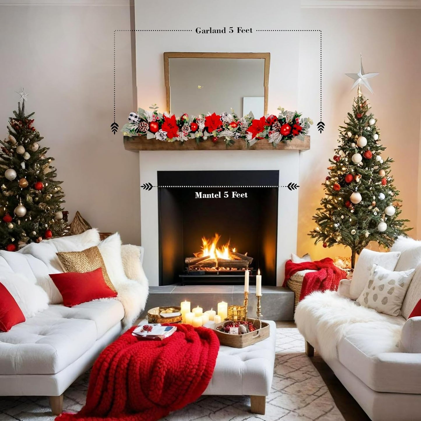 5 ft Christmas Garland for Mantle Unlit Garland for Stairs Railing, Banister, Staircase, Fireplace, for Table No Light, Garland Decor Frosted Red Poinsettia Holiday Tree (Glittery Red Poinsettia)