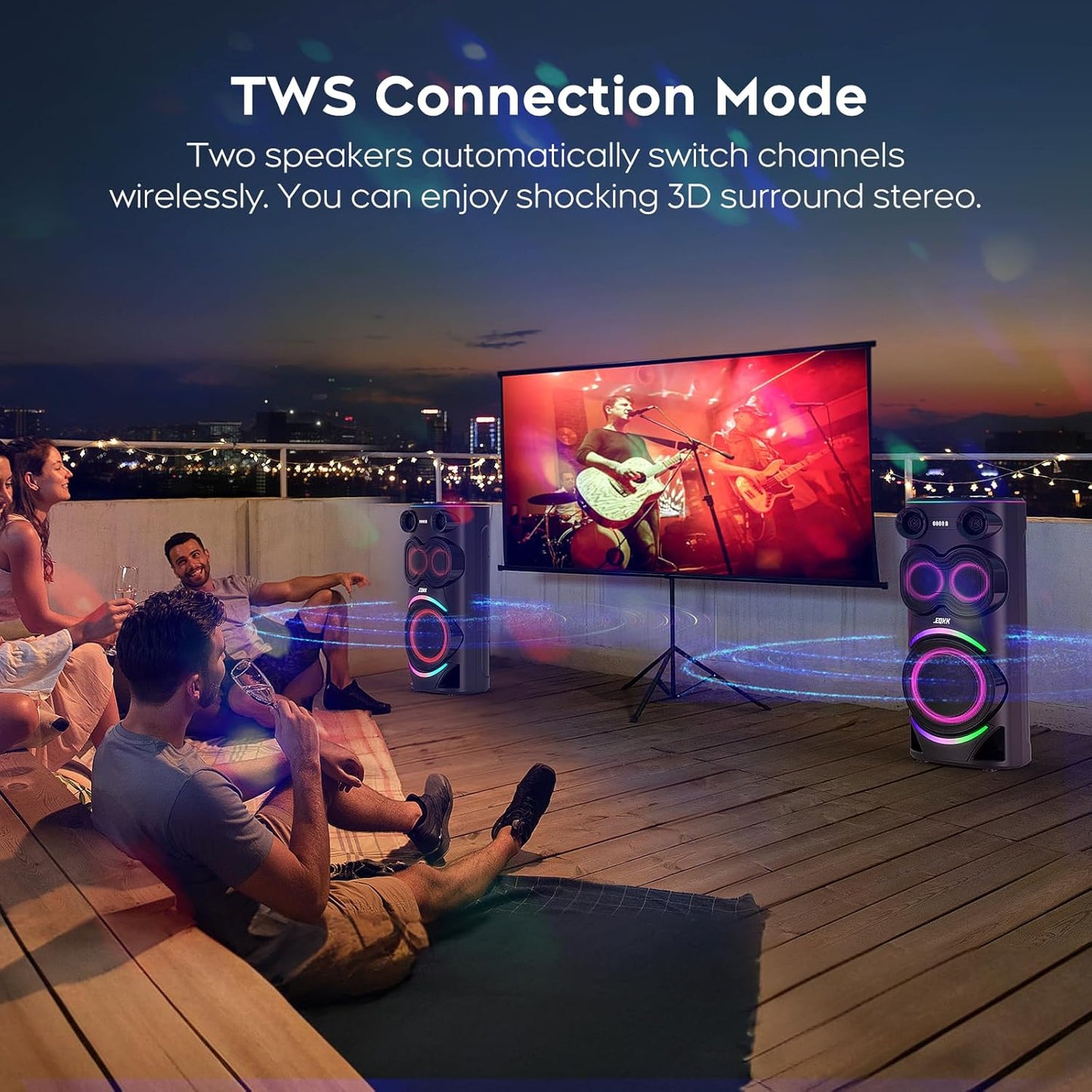 25.9''Karaoke Machine with Two Wireless Microphones and Dynamic Party Lights, Outdoor Bluetooth Speaker with 8” Woofer Wireless with Party Speaker,Speakers Support Bi-Amping(Stage Monitors)