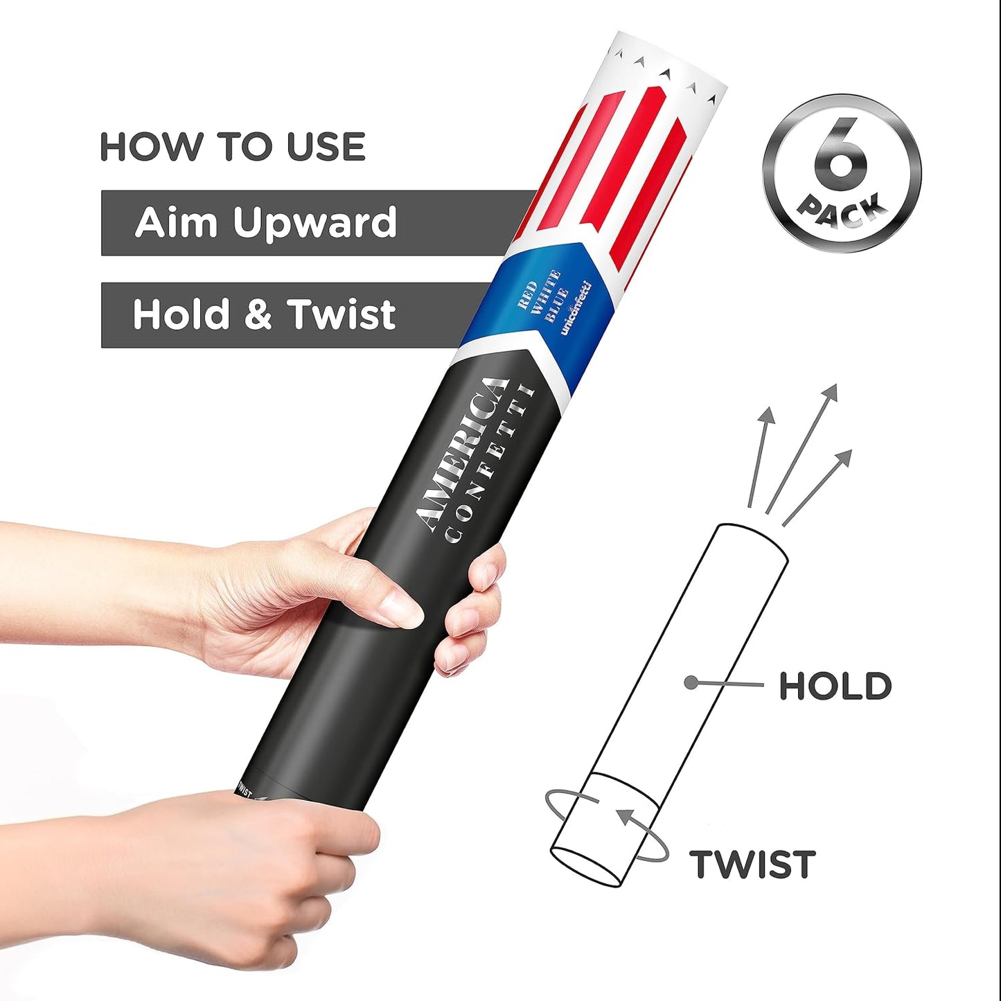 16" America Confetti Cannons | Red White & Blue Confetti Poppers [6 Pack] Biodegradable Paper, Party Poppers for Independence Day/July 4th, Patriotic Events, Conventions or Decorations, Loud Pop