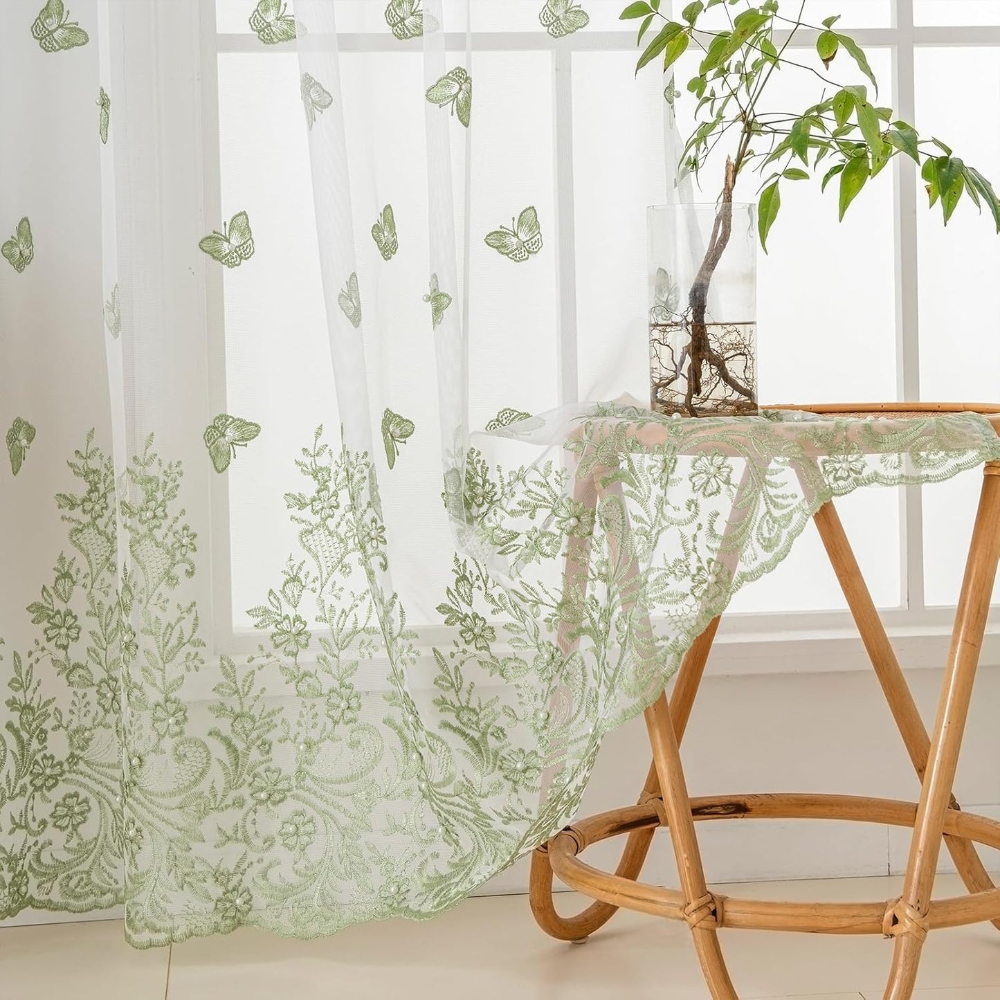 VISIONTEX White Sheer Voile Curtains, Decorative Green Embossed Butterflies Rod Pocket Window Drapes for Home Kitchen, Living Room and Bedroom 54 x 95 Inch, Set of 2 Curtain Panels