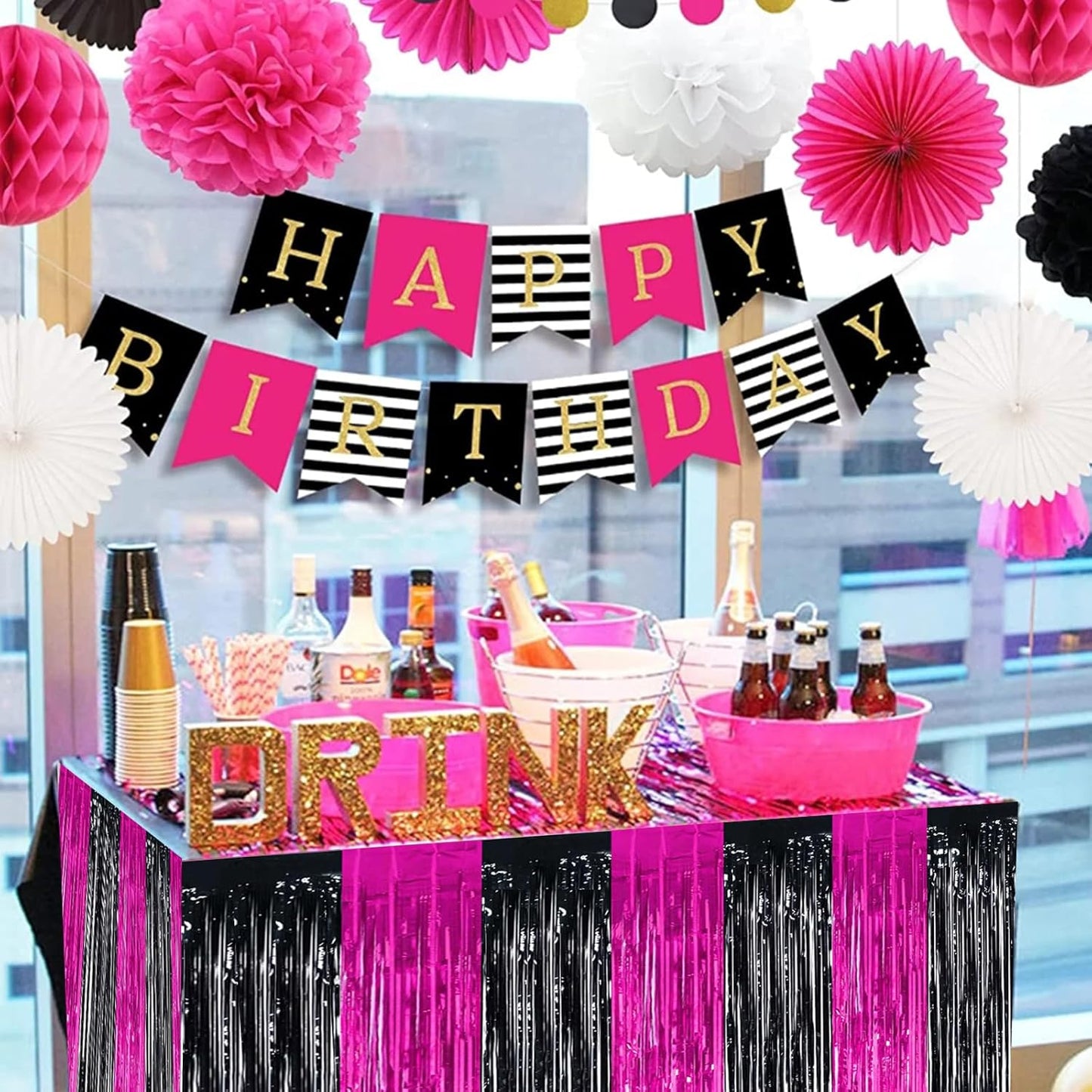 BEISHIDA 2 Pack Hot Pink Black Table Skirts Party Decorations Purple Metallic Tinsel Foil Fringe Table Skirts for Mouse Theme Birthday Mean Girls Hot Girls Wednesday Party
