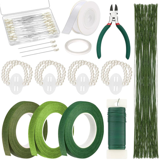 PAXCOO Floral Tape and Floral Wire Arrangement Tool Kit with Green Floral Tape, Floral Wire, Boutonniere Flower pin, Wire Cutter, White Ribbon and Elastic Pearl Wrist Corsage Bands for Bouquets