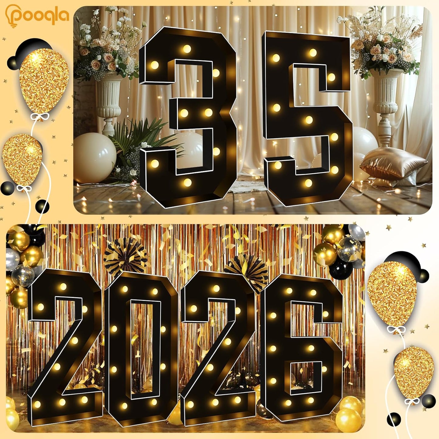 Pooqla 3FT Marquee Light Up Numbers, Black Lighted Party Decor for her him Women Men, Giant Mosaic Light Up Numbers for 10th 20th 30th Birthday Anniversary Decoration, Number 0