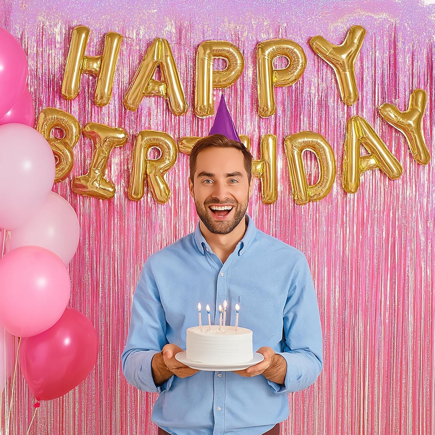 2 Pack Laser Pink Tinsel Foil Fringe Curtains, Mothers Day Pink Decorations, Metallic Tinsel Party Streamers Backdrop for Birthday Bachelorette Graduation Wedding Party Decorations