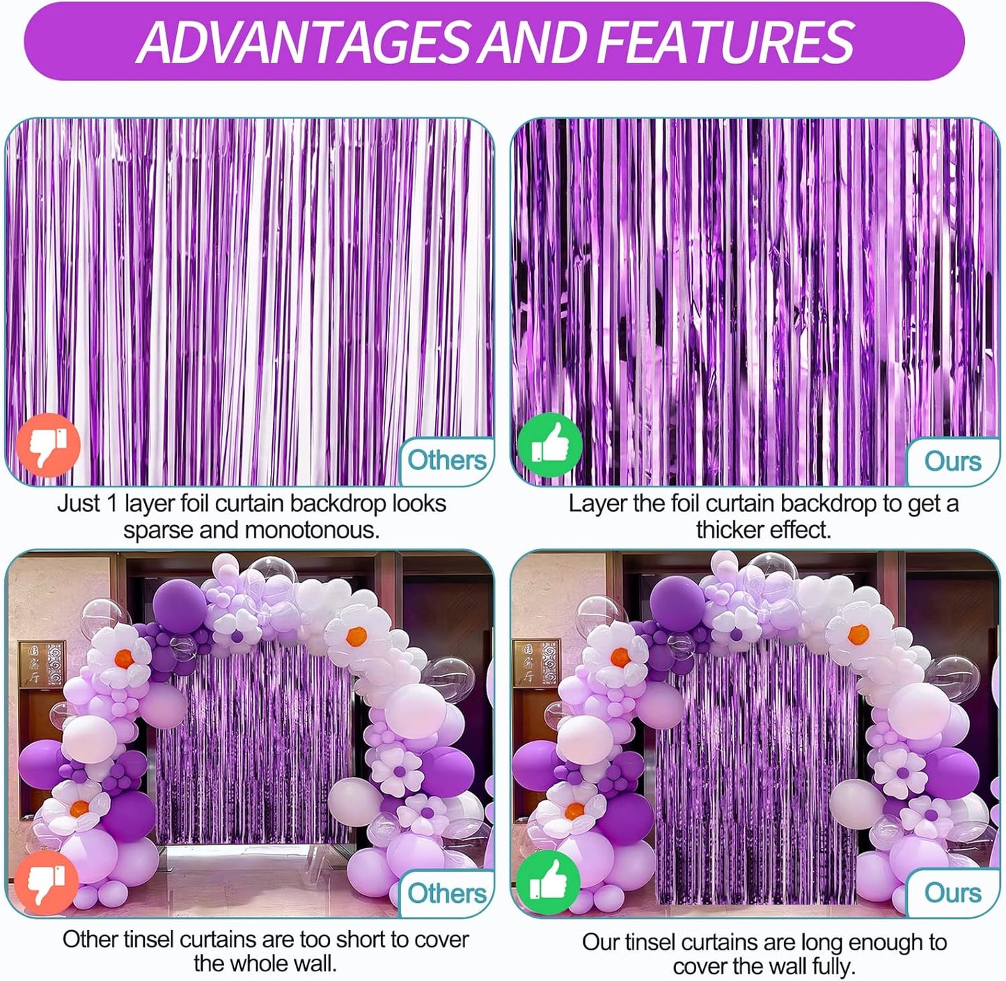 Crosize 7 Pack 3.3 x 9.9 ft Purple Foil Fringe Backdrop Curtain, Streamer Backdrop Curtains, Streamers Birthday Party Decorations, Tinsel Curtain for Parties, Galentines Decor
