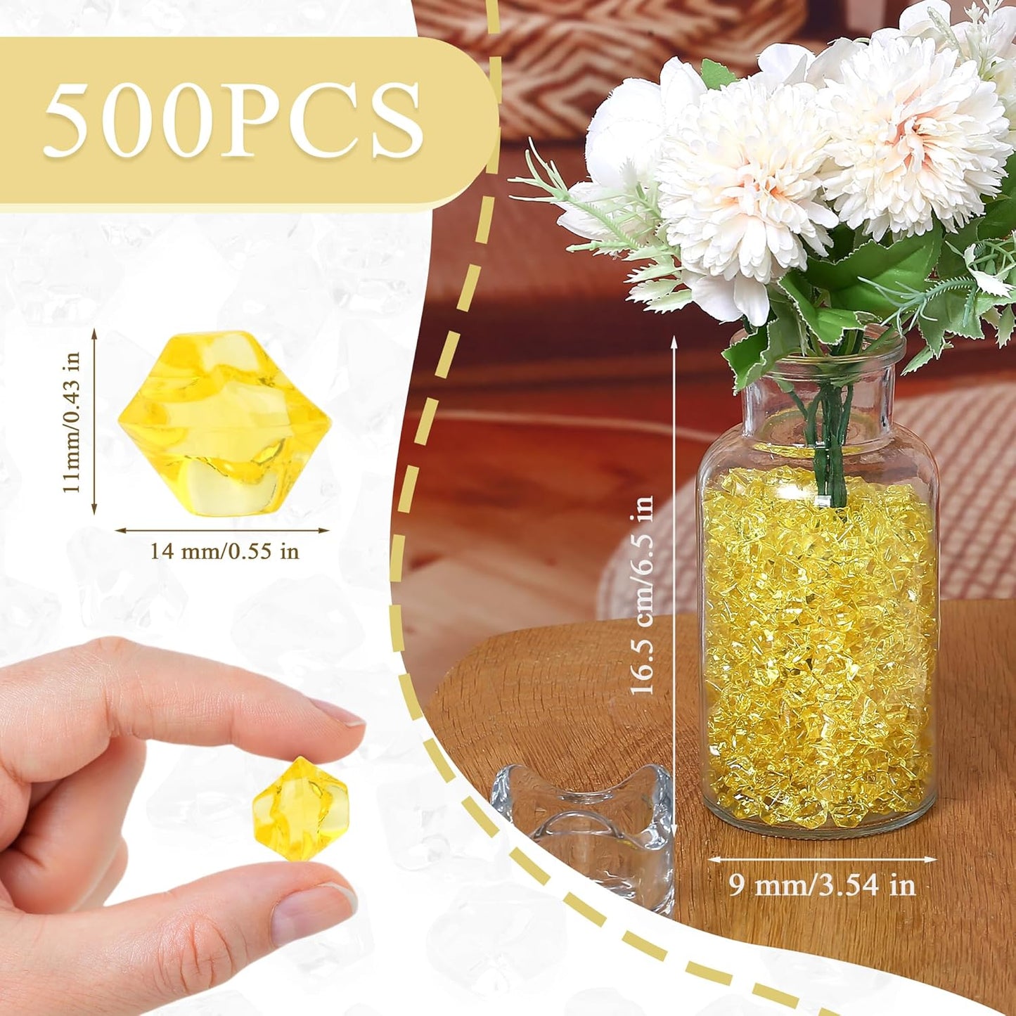 LAIDANLA 500PCS Yellow Acrylic Gems Vase Fillers Yellow Fake Ice Cubes Plastic Diamonds Fake Crushed Rocks for Centerpiece DIY Party Table Scatter Prop Wedding Decoration Accessories