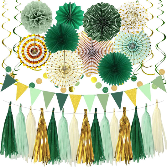 Paper Fans Party Decorations Glitter Green Gold Paper Triangle Flag Banner Tassel Garland Circle Banners Party Supplies for Bachelorette, Birthday, Bridal Shower Birthday Wedding Bachelorette