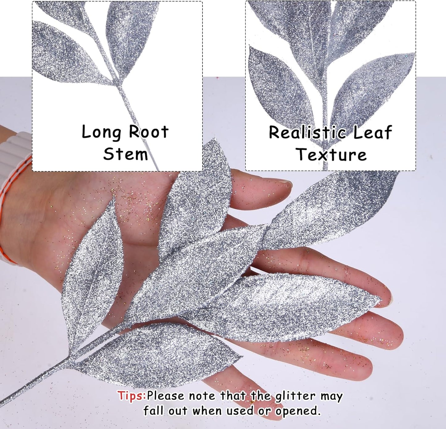 GREENTIME 12 Pack Artificial Silver Glitter Leaves 13" Fake Christmas Picks Decorative Glitter Sticks for Vase Christmas Tree DIY Wreath Crafts Fireplace Decor