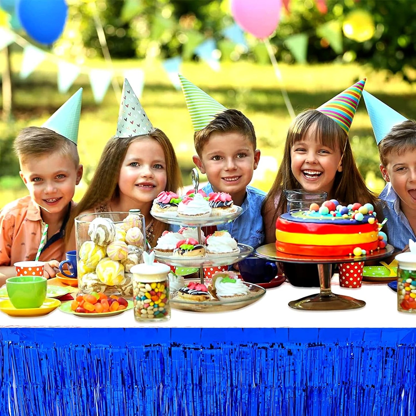 4 Pack 29x108 Inch Metallic Foil Fringe Tinsel Table Skirts for Rectangle Tables Streamer Curtains Backdrop for Wedding, Birthday, Parade Floats, Christmas, Halloween Party Decoration(Blue)