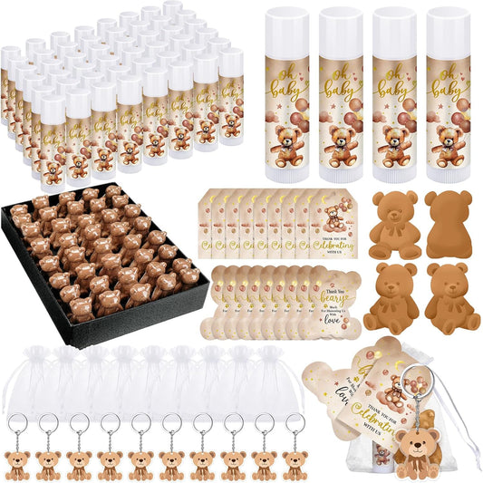 288 Baby Shower Favors: 48 Sets of Lip Balms, Soaps, Keychains, Organza Bags, Thank You Tags & Cards for Boys & Girls Baby Shower Gifts (Brown, Bear)