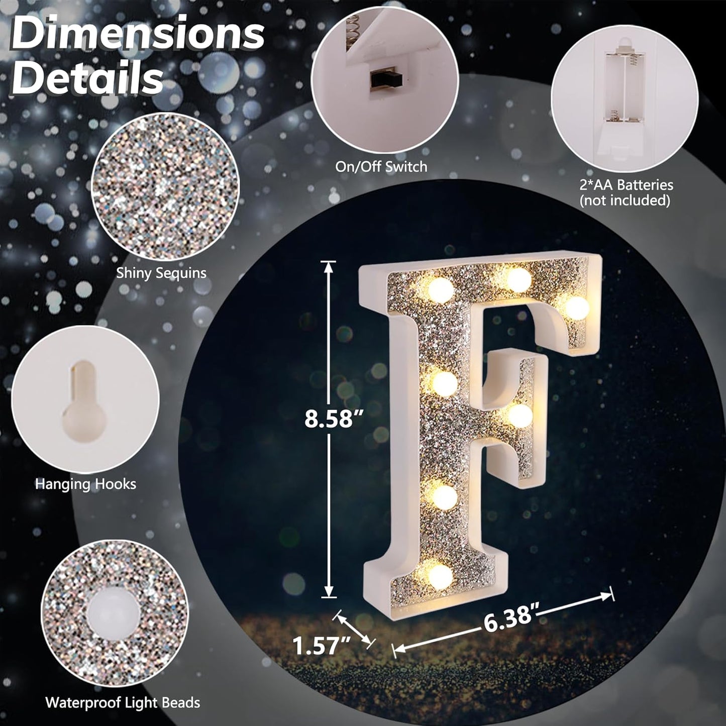 Marquee Light Up Letters, Glitter Silver LED Letter Lights Battery Powered Alphabet Letter Sign for Night Light Wedding Birthday Party Cafe Bar Decoration Girls Room Decor - F