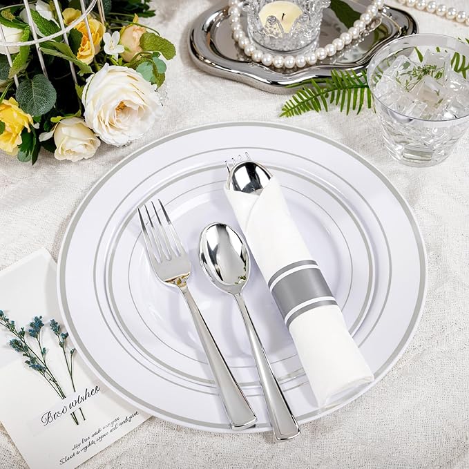 WELLIFE 350Pcs Silver Plastic Plates for 50 Guests - Disposable Dinnerware Set, Christmas Party Supplies Includes 100 Silver plates,150 Silverware,50 Napkins,50 Cups,Christmas Plates Disposable