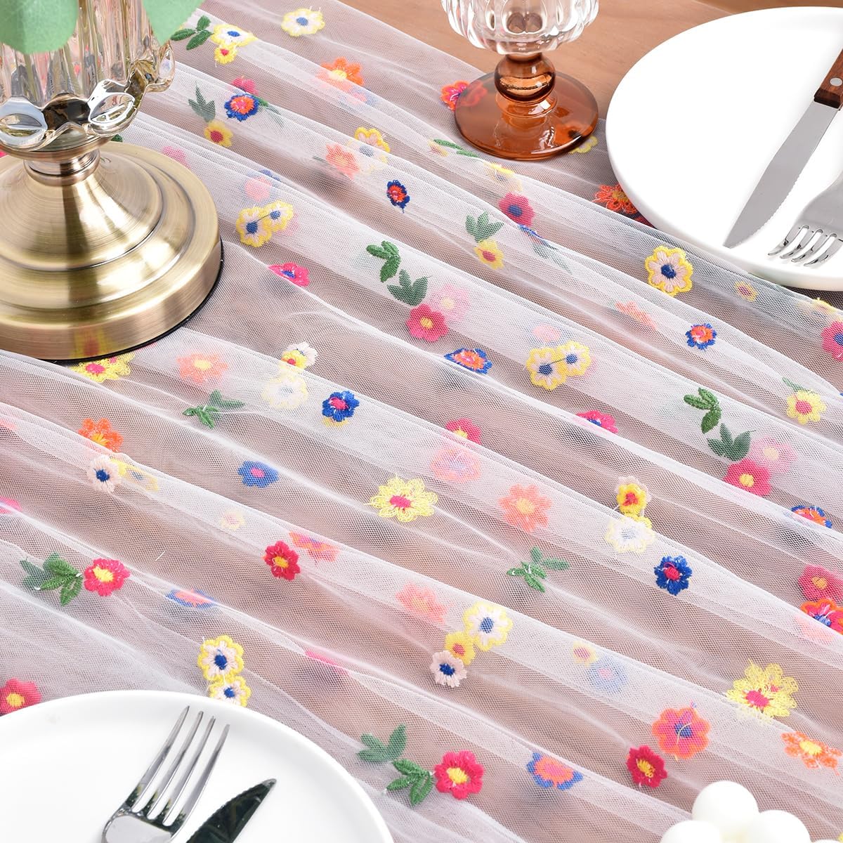 Joanlody 3pcs Ivory Embroidery Daisy Fall Thanksgiving Table Runner 10ft Florals Seasonal Tulle Table Runner Holiday Kitchen Dining Table Decoration for Home Party Indoor
