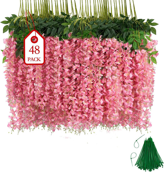 48 Pcs of Wisteria Hanging Flowers, 3.75 Feet Fake Wisteria Flower Strings, Artificial Wisteria Flowers Hanging Garland for Backdrop, Wedding, Ceremony,Garden and Home Wall Decoration (Pink)