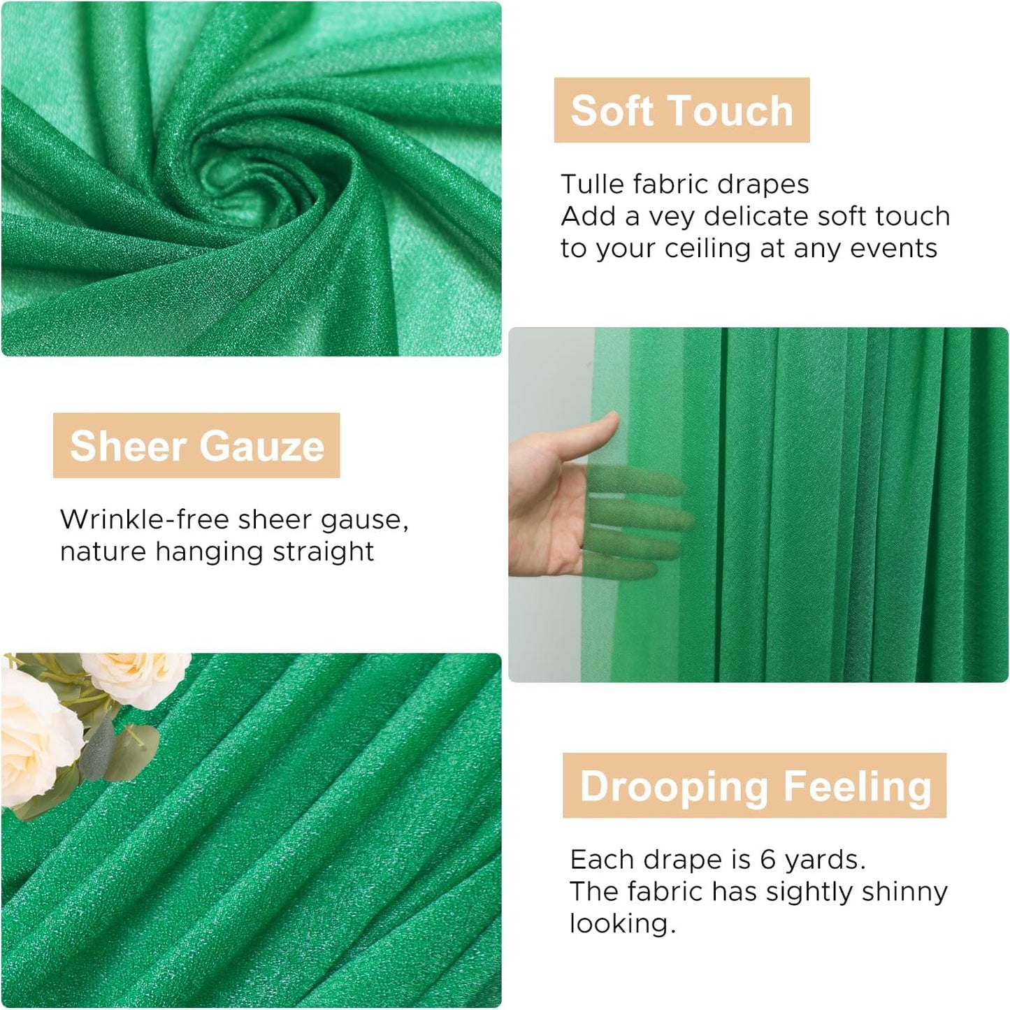 Wokceer Emerald Green Wedding Arch Draping Fabric Backdrop 3 Panels 28.7" X 20FT Sheer Drapes Fabric for Wedding Arbor Ceremony Party