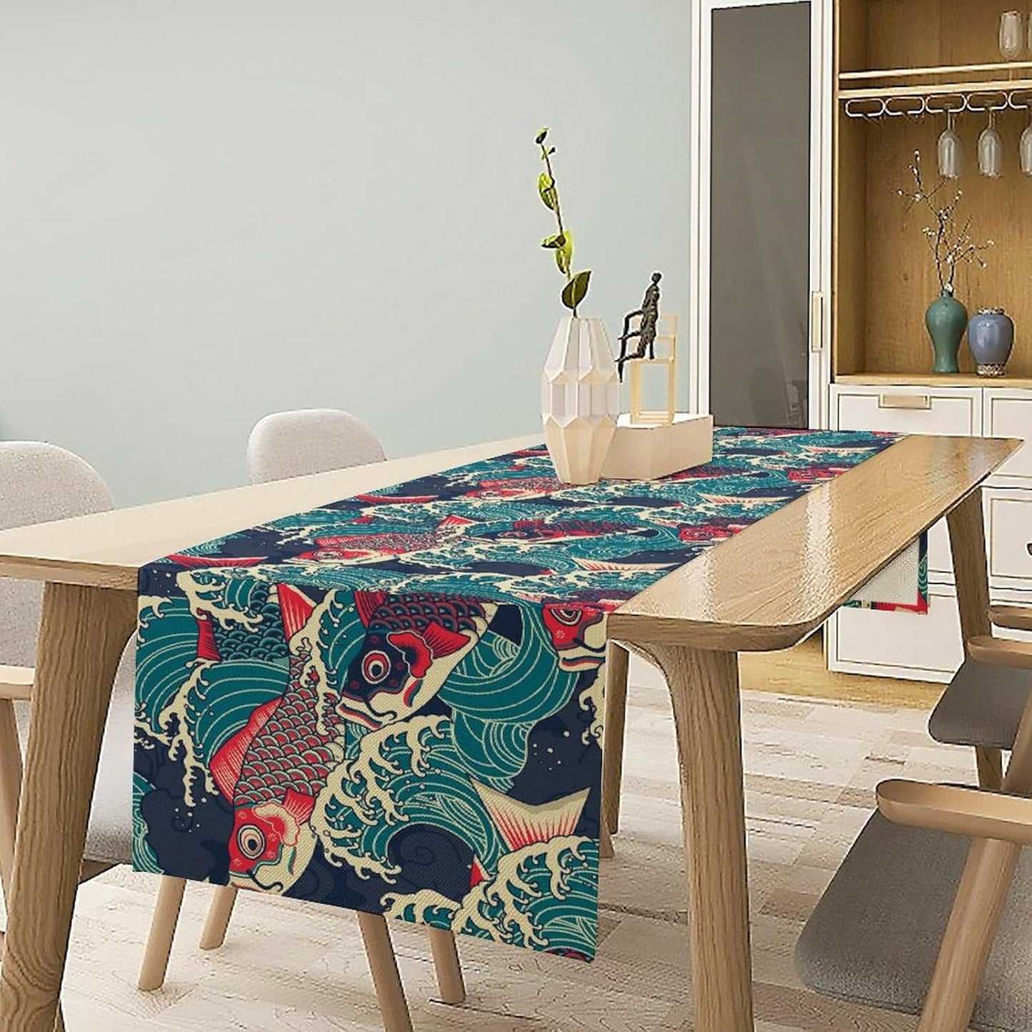 Kio Fish Table Runner Waves Japanese Tradition Art Printed Burlap Runner Home Kitchen Dining Table Living Room Decor Fabric 1 Panel W13xL90in