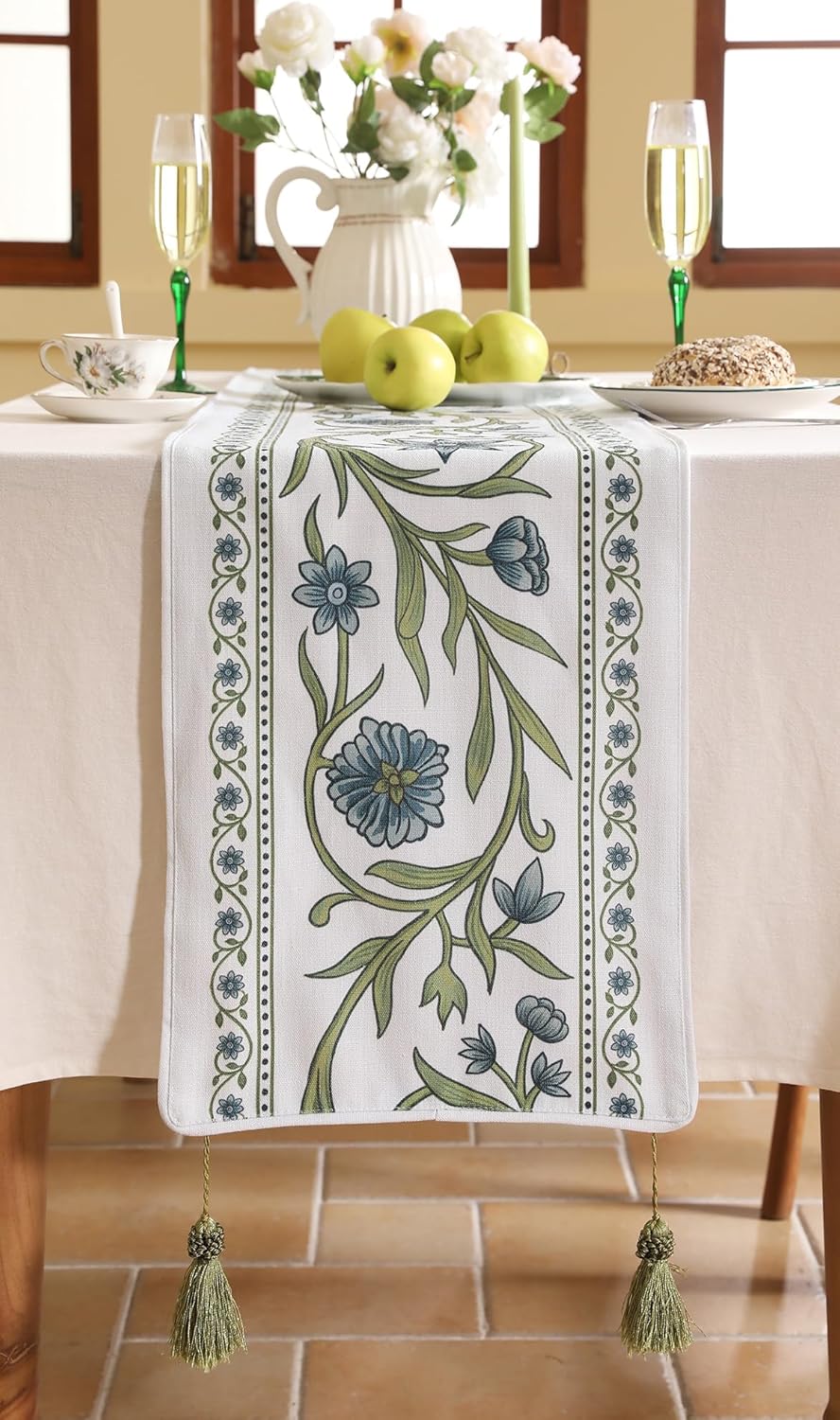 ISAENNE Designer Elegant Linen Extra Long Table Runner 118 Inches,Vintage Blue Floral Pattern Decor Table Runners for Dining Tables,Kitchen Tables,Thanksgiving,Christmas,12"*118"-Mosella E