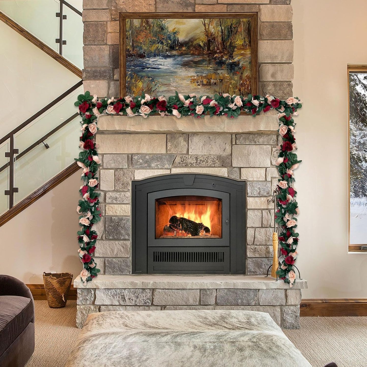 8Pcs 63Ft Burgundy&Champagne Fake Rose Hanging Flowers, Artificial Flower Vine, Hanging Floral Vine Garland for Wedding, Wall Arch, Halloween, Christmas Garden Backdrop Decor