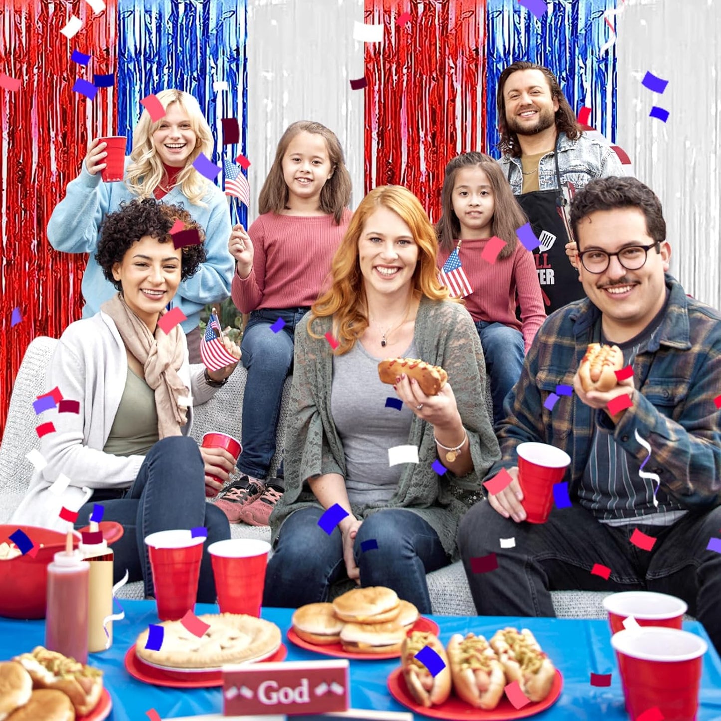 3 Pack White Blue Red Foil Fringe Curtain Backdrop, 3.28Ft x 8.2Ft Metallic Tinsel Foil Fringe Streamer Curtains for Photo Booth, Christmas Day, Thanksgiving, Wedding, New Year Party Decorations