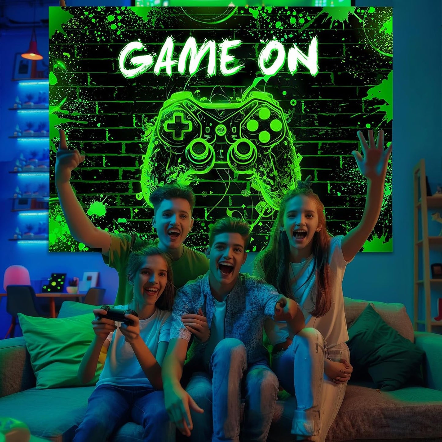 Mocsicka Game On Backdrop Video Game for Boys Level Up Birthday Party Decoration Game Night Arcade Neon Glow Gamer Banner Photography Background (Green, 6x4ft(72"x48"))