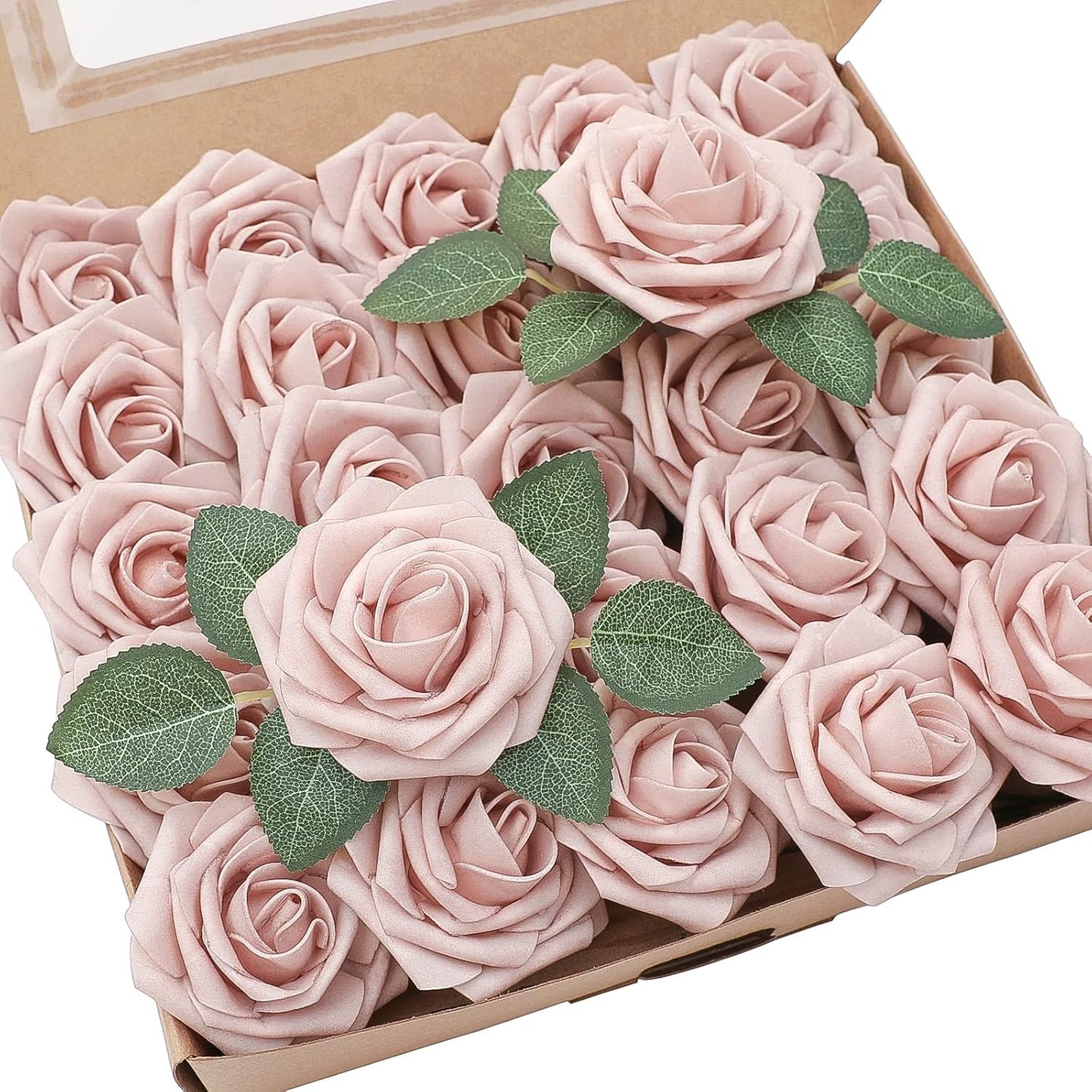 Floroom Artificial Flowers 25pcs Real Looking Shabby Blush Foam Fake Roses with Stems for DIY Wedding Bouquets Bridal Shower Centerpieces Floral Arrangements Party Tables Home Decorations