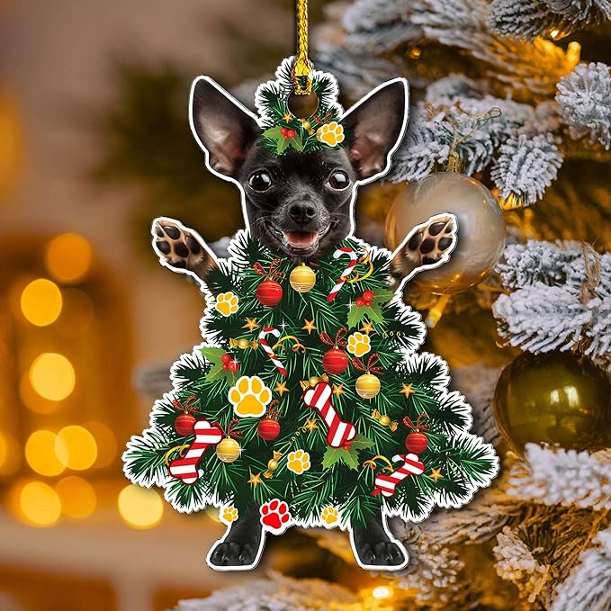 Black Chihuahua Christmas Tree Ornament - Festive Holiday Acrylic Hanging Decoration - Black Chihuahua Christmas Tree Topper Ornament