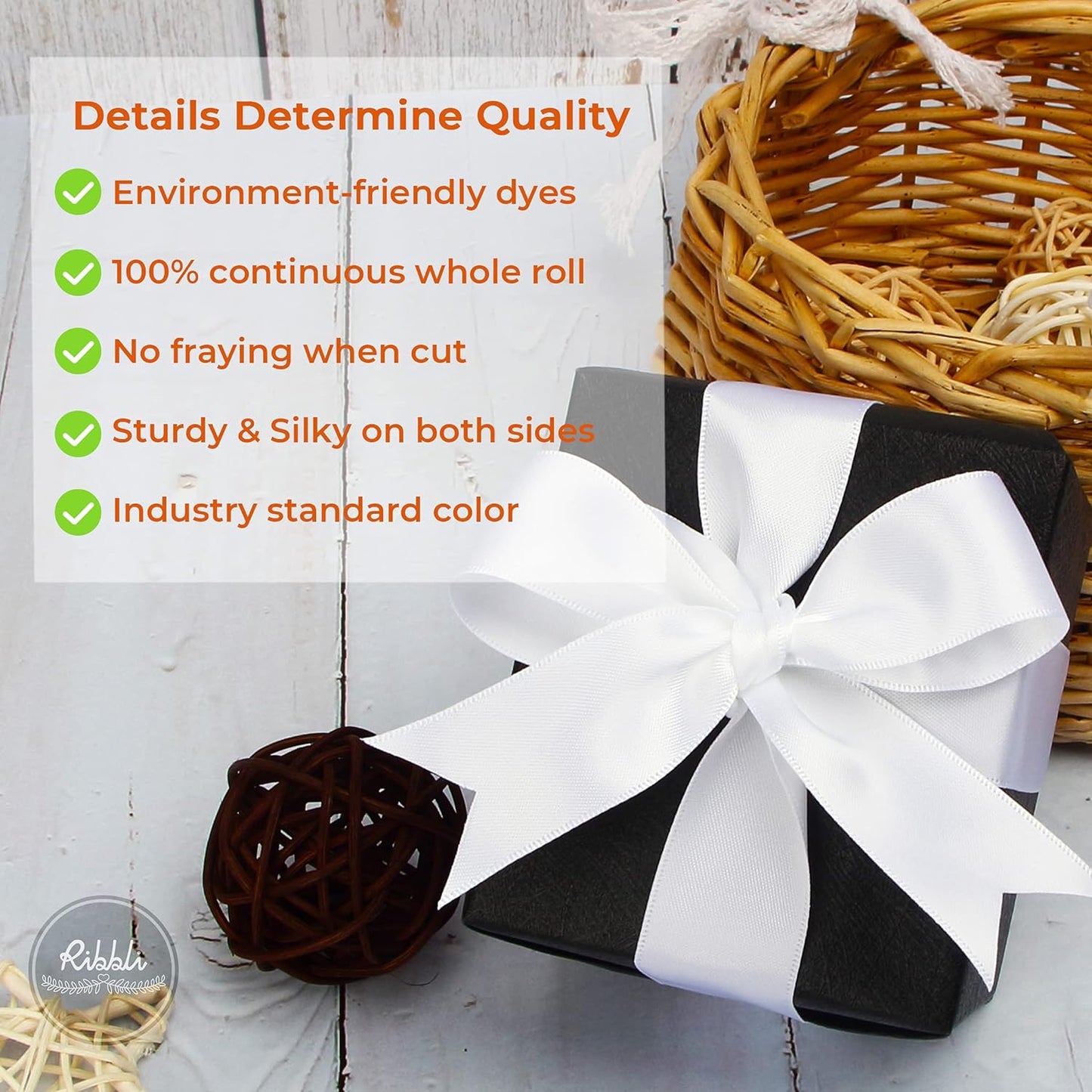 Ribbli Double Faced White Satin Ribbon,1” x Continuous 25 Yards,Use for Bows Bouquet,Gift Wrapping,Floral Arrangement