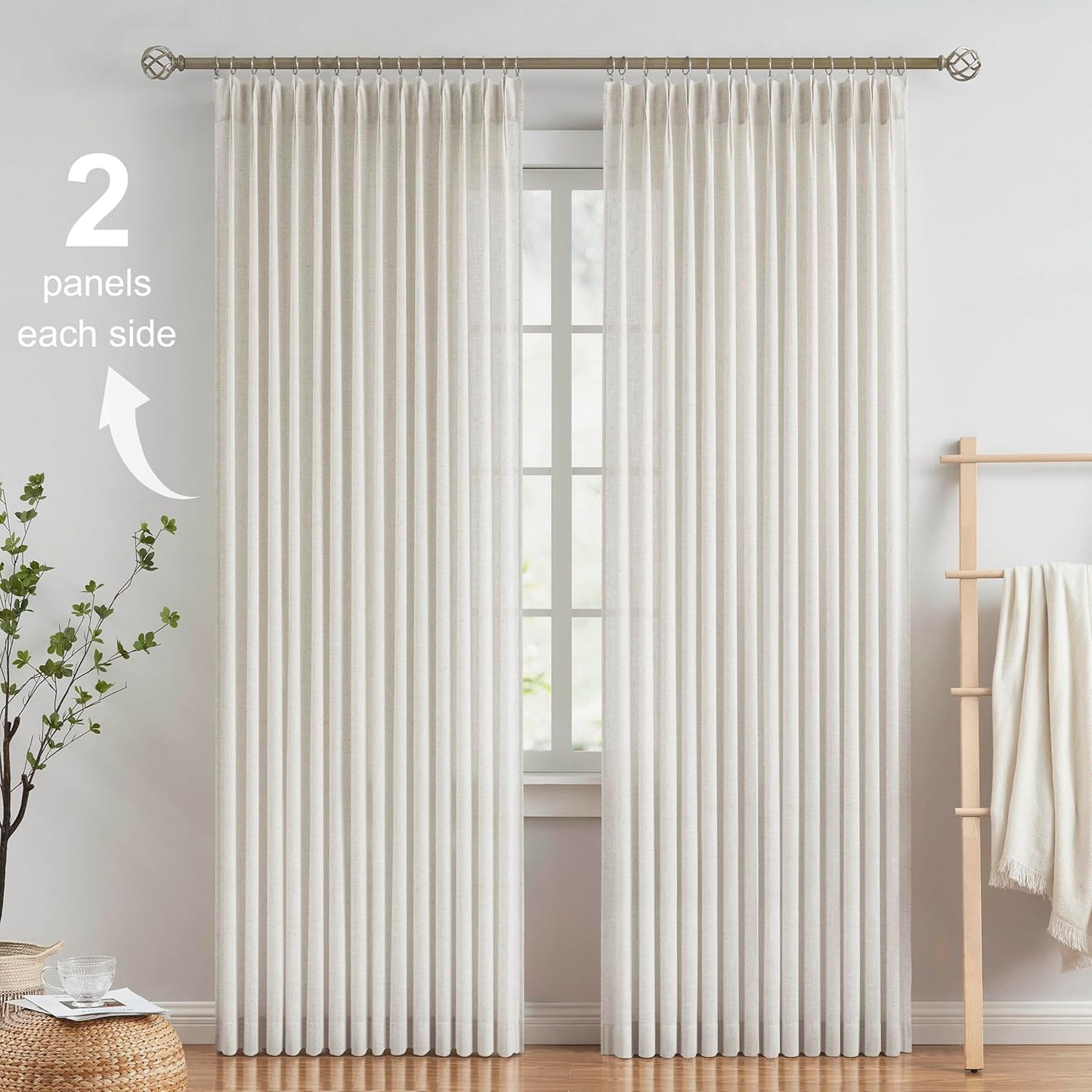 Vision Home Natural Pinch Pleated Semi Sheer Curtains Textured Linen Blended Light Filtering Window Curtains 90 inch for Living Room Bedroom Pinch Pleat Drapes with Hooks 2 Panels 42" Wx90 L