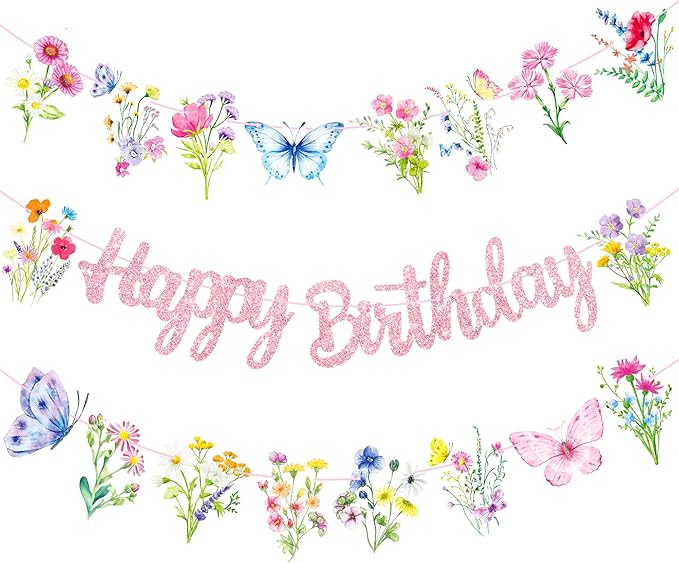 Wildflowers Happy Birthday Banners 3Pcs Pink Butterfly Theme Party Decorations for Women Girl Spring Birthday Baby Shower Supplies