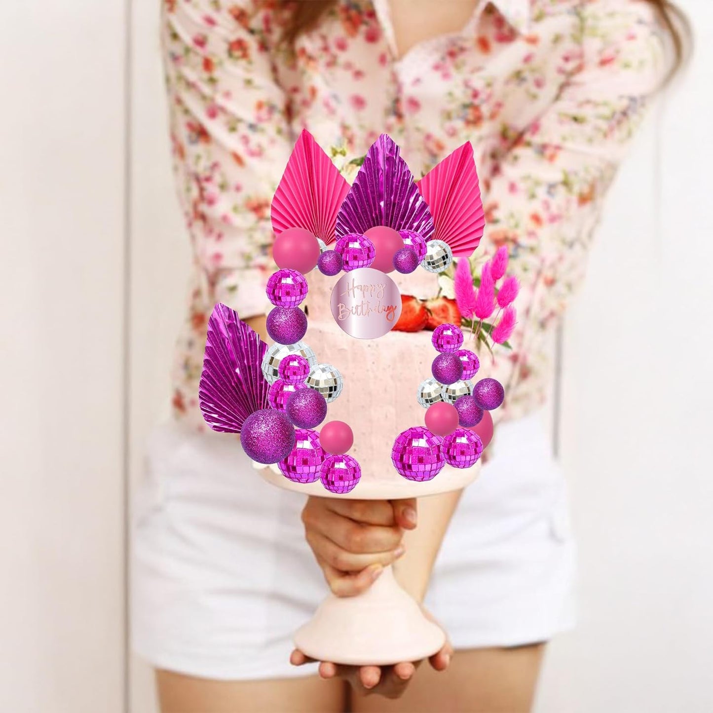 Ephlyn 33 Pack Balls Cake Toppers Boho Palm Leaves Cake Decorations Round Acrylic Happy Birthday Cupcake Toppers for Birthday Wedding Baby Shower Party Supplies Rose Red