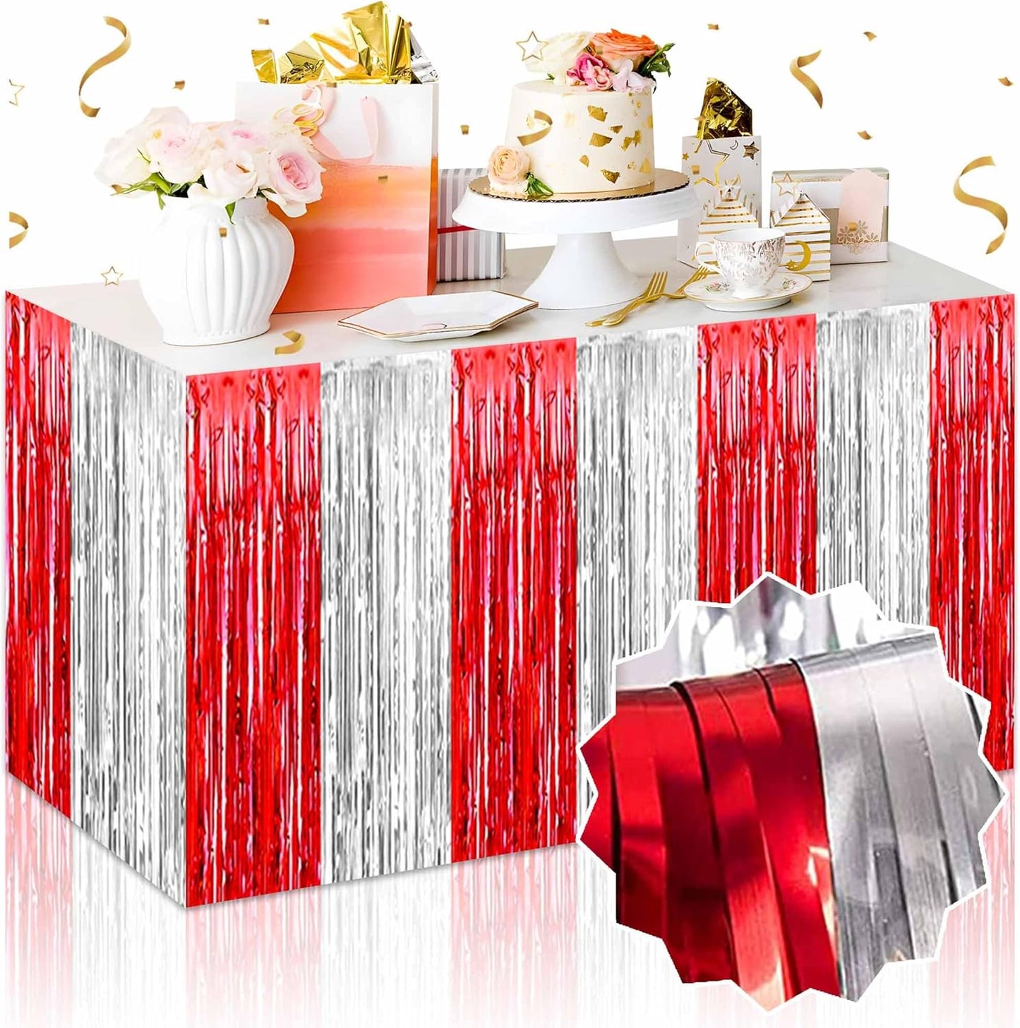 3 Pack 29 x108 Inch Red and Silver Foil Fringe Table Skirts Metallic Banner for Tinsel Streamer Garland Backdrop for Parade Floats Mother's Day, Graduate, Birthday, Wedding Party Decoration