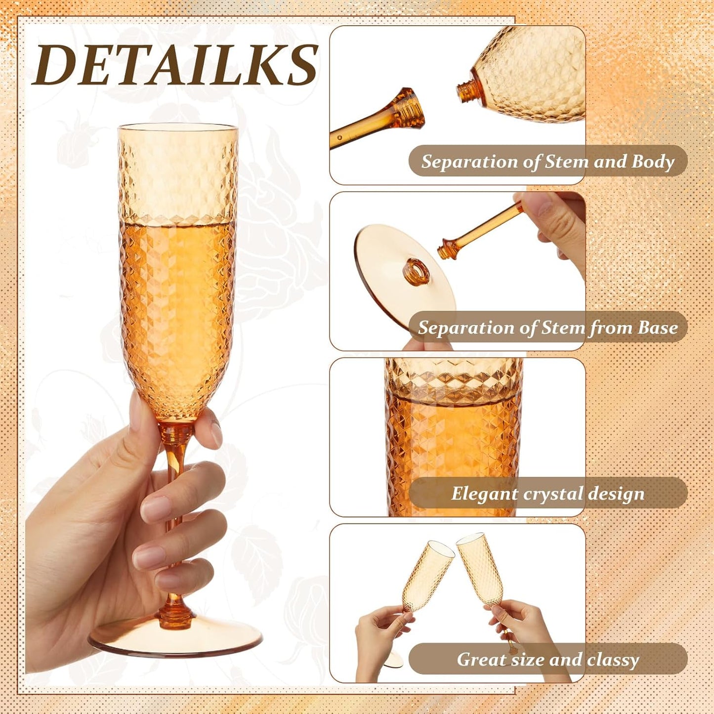 Remerry 48 Pack Detachable Plastic Champagne Flutes 5.5 oz Champagne Glasses Wedding Toasting Crystal Glasses Reusable Unbreakable Party Wine Cups for Wedding New Years Eve Party Supplies