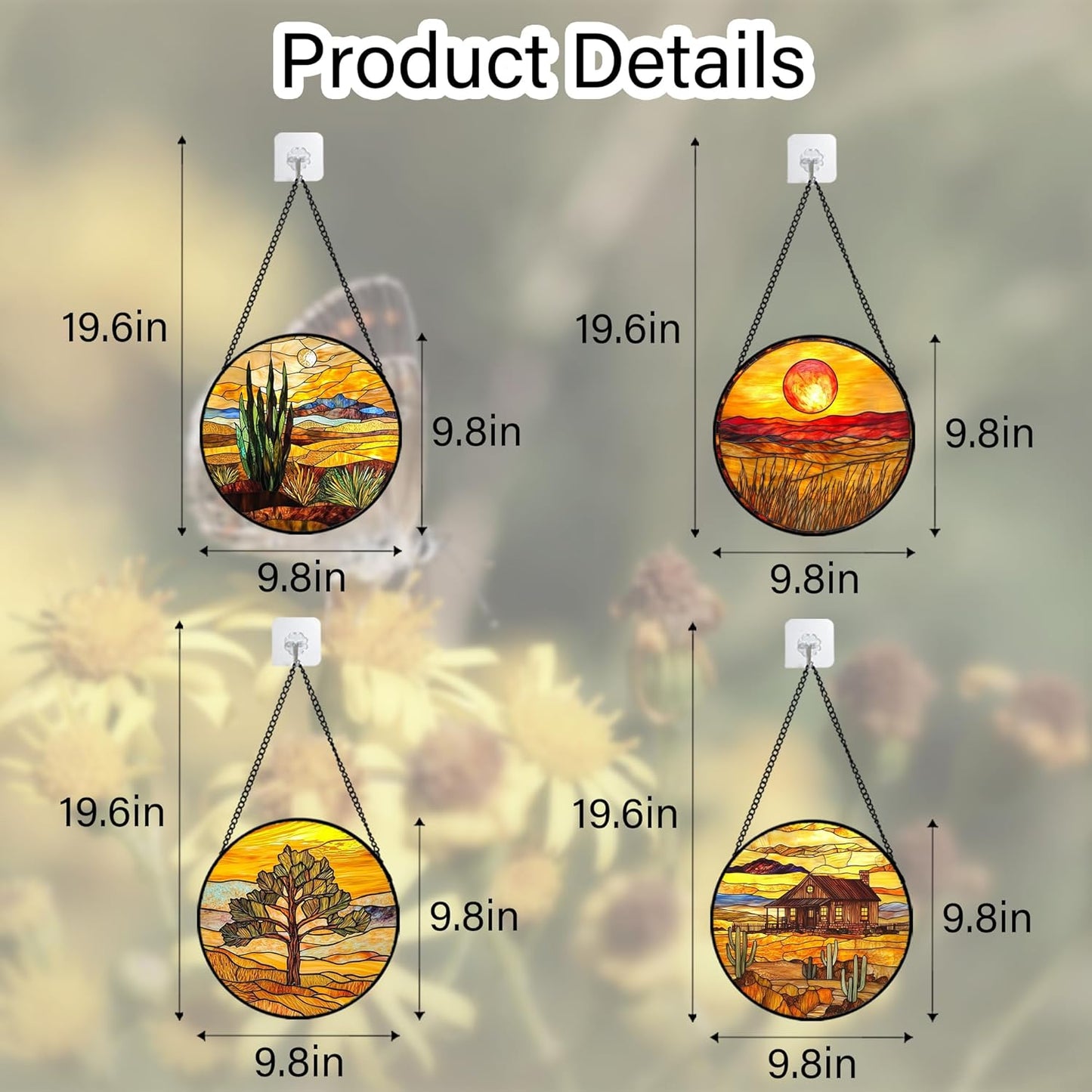 Stained Glass Window Hanging 4 Pcs Set Desert Sunset Theme Landscape 9.8" - Suncatcher Door Garden Sun Catcher Decor Birthday Christmas for Mom Woman Nana Men