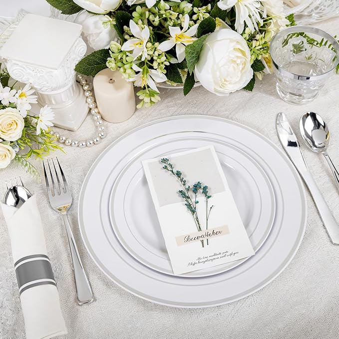 WELLIFE 350Pcs Silver Plastic Plates for 50 Guests - Disposable Dinnerware Set, Christmas Party Supplies Includes 100 Silver plates,150 Silverware,50 Napkins,50 Cups,Christmas Plates Disposable