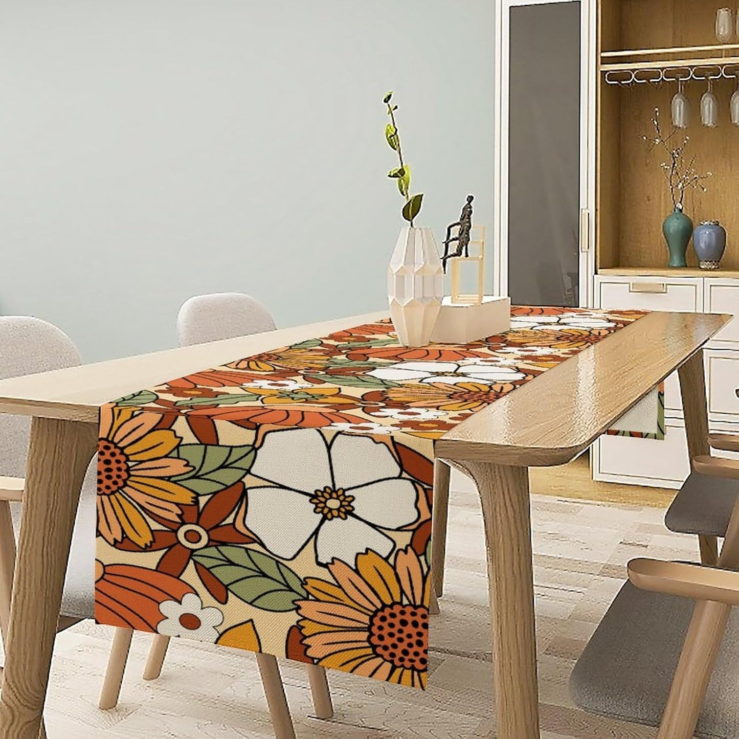 Vintage Floral Table Runner,Boho 70s Style Retro Flower Table Cloth Kitchen Dining Table Home Party Decoration 13x72 Inch