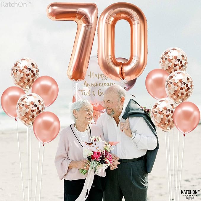 KatchOn, Large Rose Gold Number 70 Balloon - 40 Inch | Foil Number Balloon With Confetti For 70th Birthday Decorations | Balloon 70 Balloon For Anniversary Decorations | Rose Gold Party Decoration