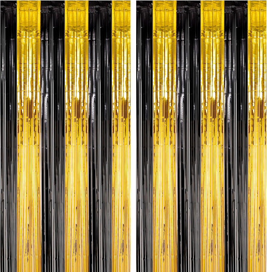 2 Pack Black and Gold Foil Fringe Backdrop Curtains, Tinsel Streamers Birthday Party Decorations, Fringe Backdrop for Graduation, Baby Shower, Gender Reveal, Disco Party