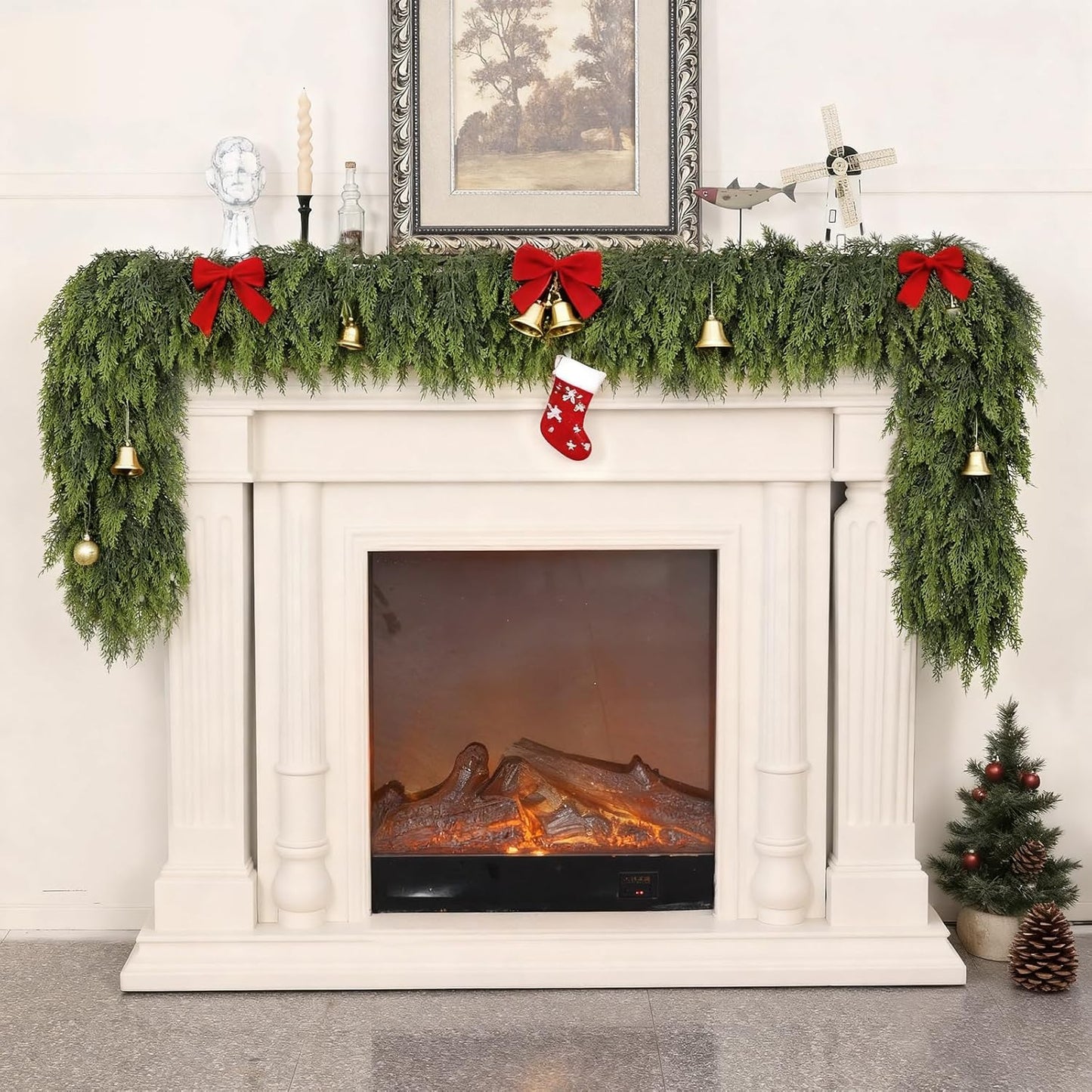 9FT Real Touch Cedar Garland - Artificial Christmas Garland Fake Green Faux Thick and Lush Pine Needles Garlands for Table Fireplace Mantle Holiday Home Indoor Outdoor Decor (2PCS)