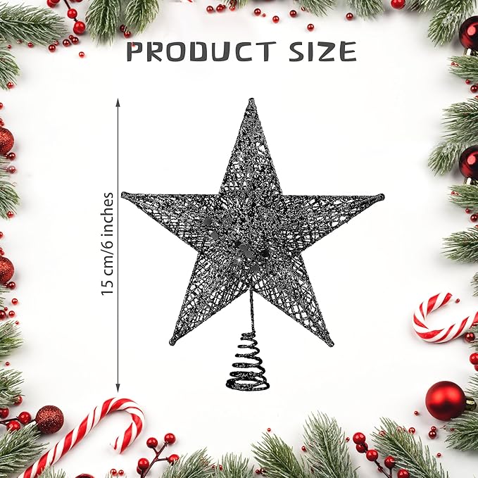 Fovths Christmas Tree Topper 6 Inches Metal Glittered Christmas Tree Topper Wire Star Treetop Sparkle Xmas Decoration for Christmas Tree Ornament Indoor New Year Holiday Party Supplies (Black)