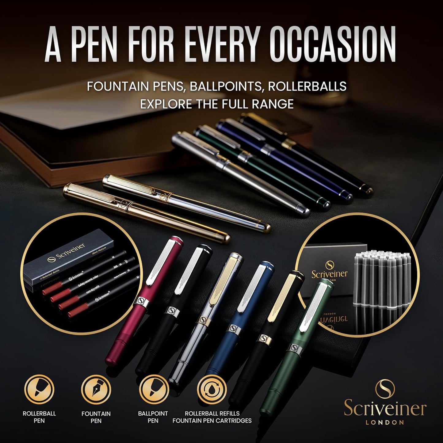 Scriveiner Personalized Midnight Blue Pen - Stunning Blue Lacquer Luxury Pen, Chrome Finish, German Schmidt Nib (Medium), Best Engraved Fountain Pen Gift Set for Men & Women, Name Engraving