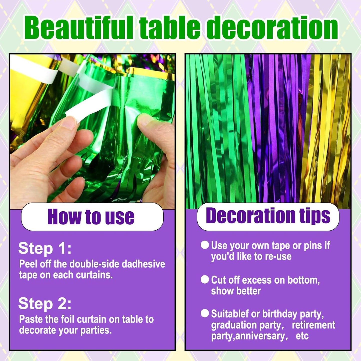 3 Pack 29 x108 Inch Gold Green Purple Foil Fringe Table Skirts Metallic Banner for Tinsel Streamer Garland Backdrop for Parade Floats Wedding Thanksgiving Birthday Christmas New Year Party Decoration