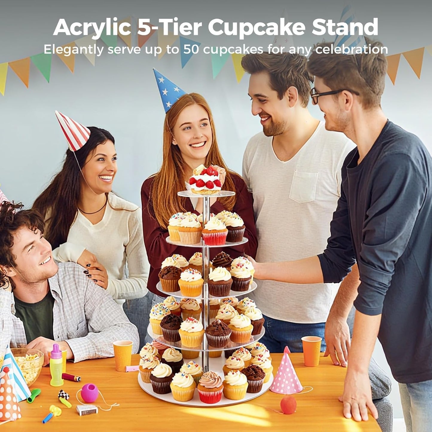 OMISTAR 5-Tier Acrylic Cupcake Stand, 15.7 in / 40 cm Wedding Cake Stand, Acrylic Cupcake Tower Holder, Dessert Display for Party, Birthday, 11.8 in / 30 cm Base, Transparent