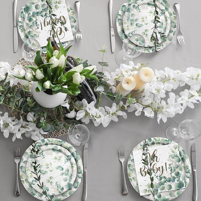 Sage Greenery Baby Shower Party Supplies Disposable Paper Plates Napkins Cups for Boho Greency Party Decorations, Serve 16.
