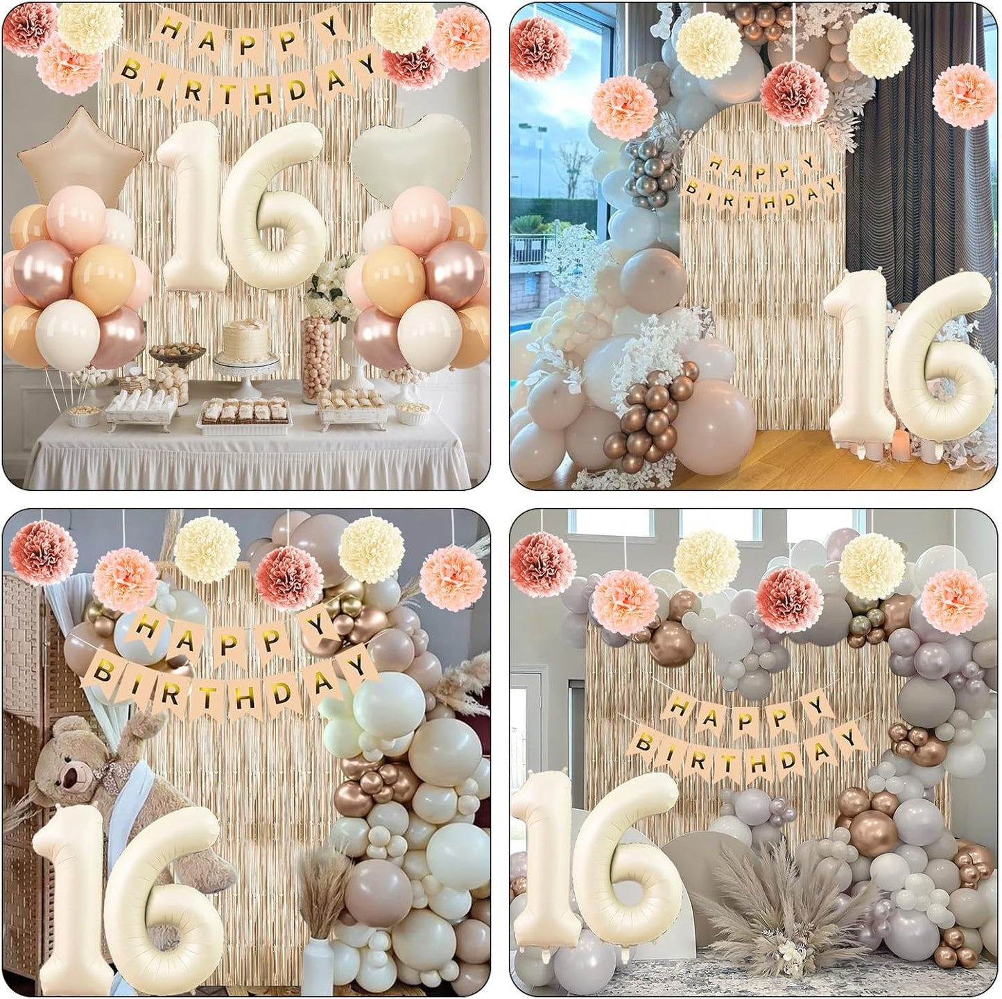 Beige 16th Birthday Decorations Girls Boys Cream Number 16 Balloon Nude Gold Happy Birthday Banner Fringe Curtain Paper Pom Poms Blush White Sand Champagne Star Foil Balloons Neutral Boho Party Decor