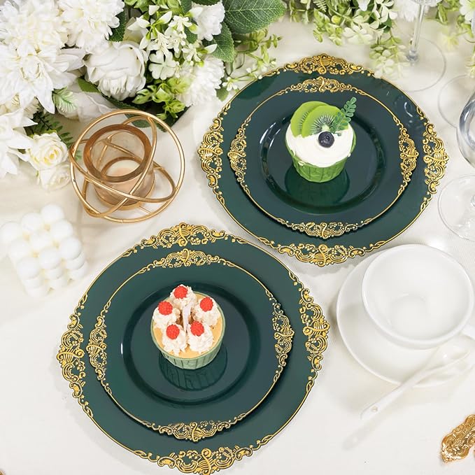 125PCS Green and Gold Plastic Plates - Fancy Green Disposable Plates - Vintage Plate with Gold Plastic Silverware Set for 25 Guests for Party Wedding Holiday