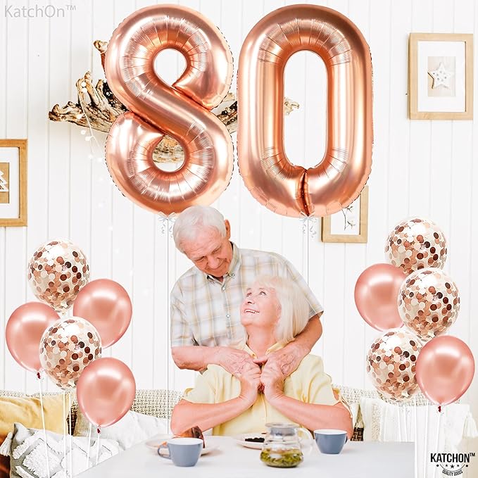 KatchOn, Giant 80th Rose Gold Balloon Numbers - 40 Inch | | Rose Gold 80th Birthday Balloons Set Pack of 12 | Rose Gold for 80 Birthday Decorations for Women, 80 Happy Anniversary Decorations