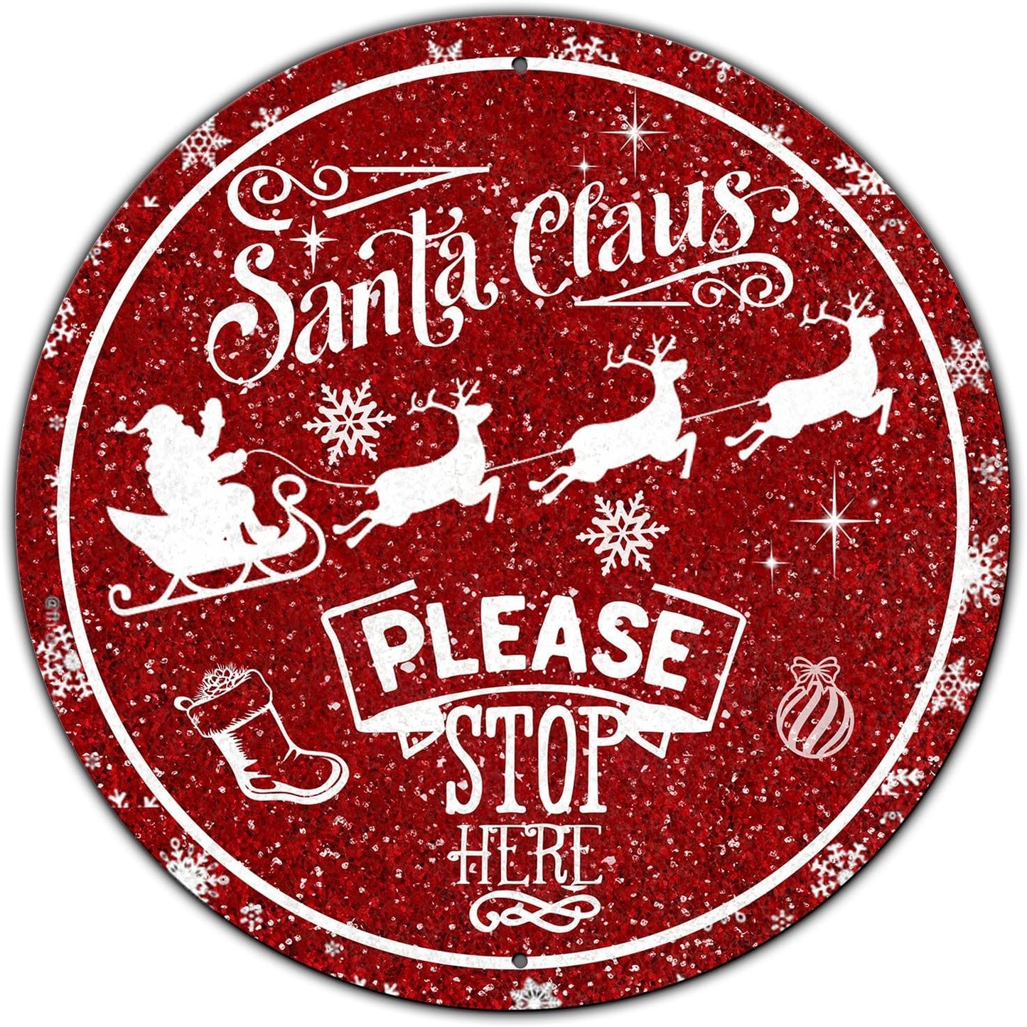 Round Metal Tin Sign - Santa Sleigh Reindeer Vintage Sign - Santa Claus Please Stop Here Sign for Christmas Living Room Bedroom Coffee Bar - 8 * 8 in
