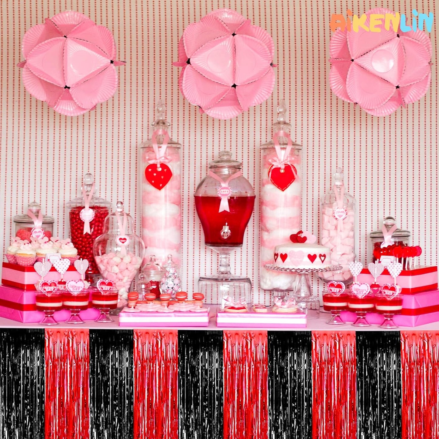 6 Pack 29x108 Inch Black Red Metallic Foil Fringe Tinsel Table Skirts for Rectangle Tables Streamer Curtains Backdrop for Wedding, Casino Viva Las Vegas Game Night Birthday Party Decoration