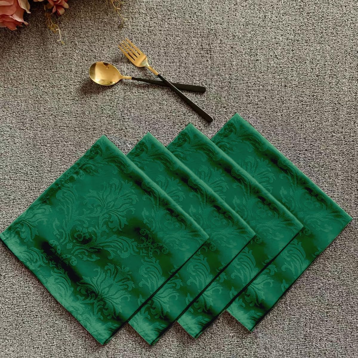 SASTYBALE Jacquard Square Napkin, Damask Wrinkle Resistant Soft Polyester Napkins, Fabric Cloth Dinner Napkins for Wedding, Winter, Holiday, Parties, Set of 4 (Dark Green, 20X20 Napkin)